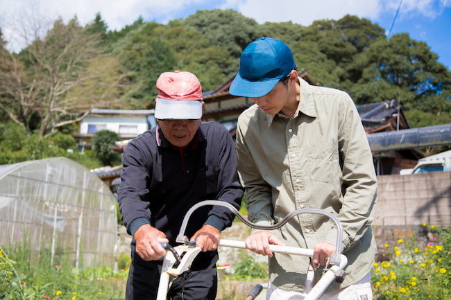先代農家と後継者が農作業する様子