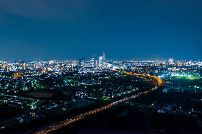 空撮パノラマさいたま新都心と見沼田んぼの夜景