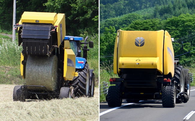 作業中ロールベーラー ロールベーラーを装着して道路を走行するトラクター