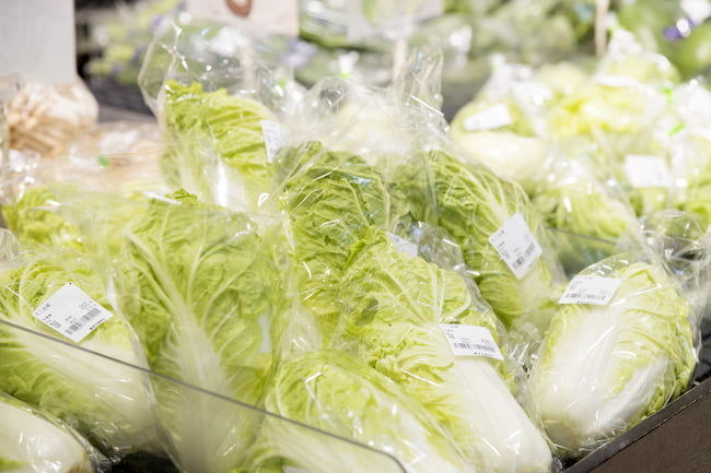 スーパーマーケットの野菜売り場に並ぶ白菜