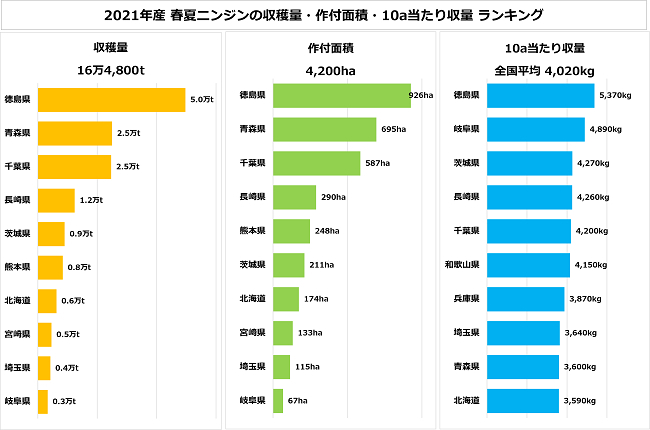 2021年産 春夏ニンジンの収穫量・作付面積・10a当たり収量 ランキング