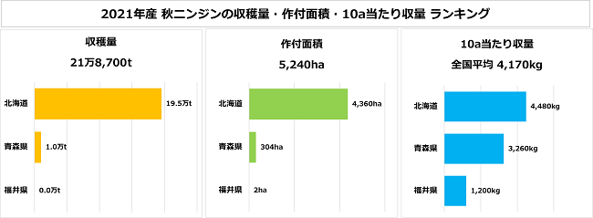 2021年産 秋ニンジンの収穫量・作付面積・10a当たり収量 ランキング