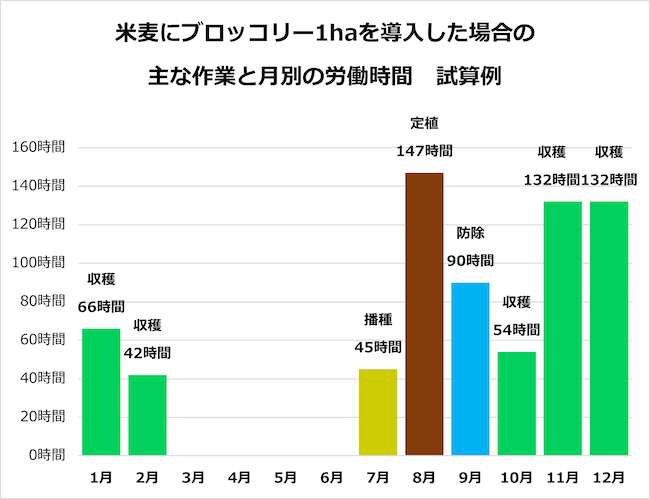 米麦にブロッコリー1haを導入した場合の主な作業と月別の労働時間　試算例